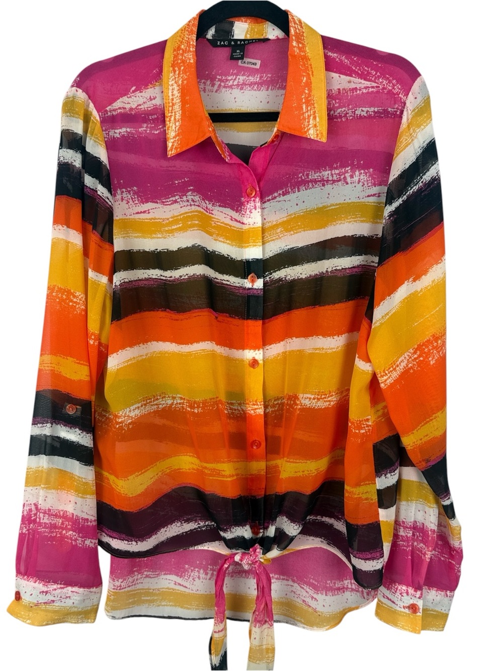 Zac & Rachel Multicolor Striped Button-Down Tie Front Sheer XL Blouse